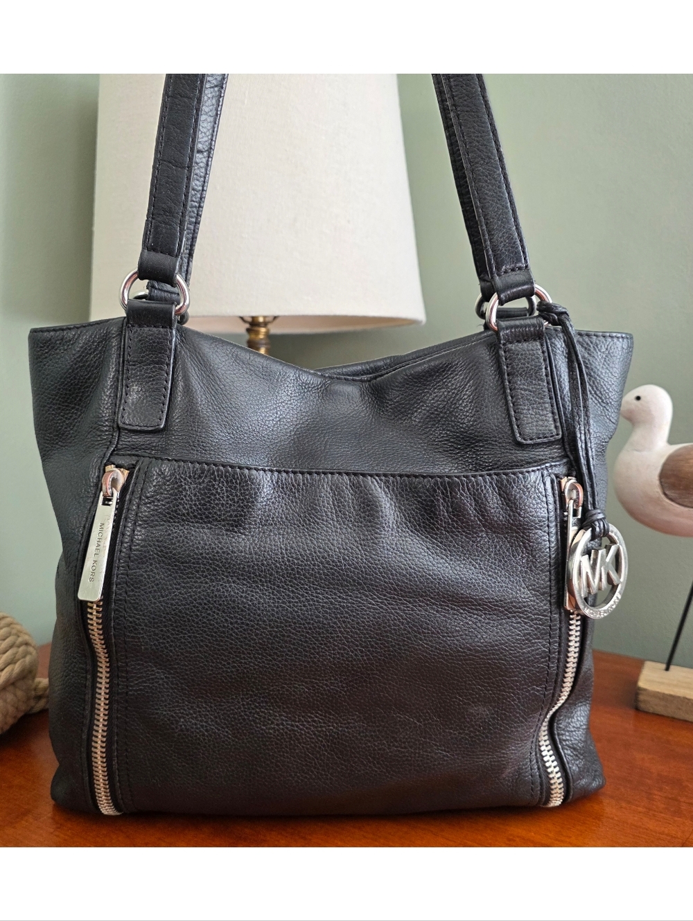 Michael Kors Large Black Pebbled Leather Shoulder Tote Bag Zip Pocket
